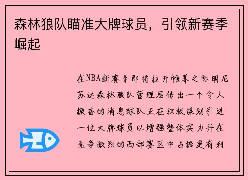 森林狼队瞄准大牌球员，引领新赛季崛起