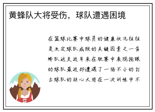 黄蜂队大将受伤，球队遭遇困境